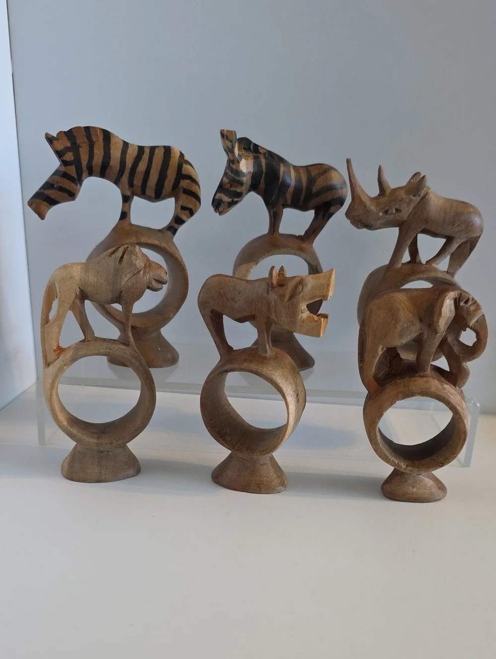 Hand Carved Wood Wild African Safari Animal Napkin Rings 6Pc Set